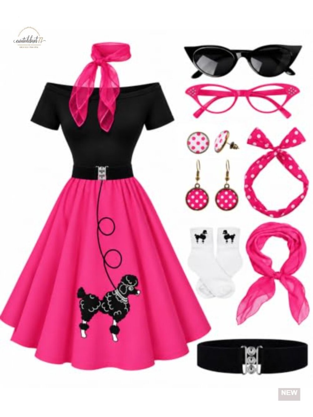 1950s Poodle Skirt Set Off Shoulder Top Sock Hop Costume 10 Piece